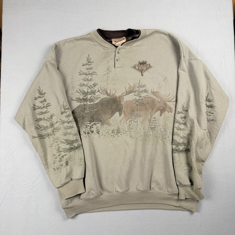 Vintage 90's Woolrich Mens L Graphic Moose Nature Sweatshirt Henley Green